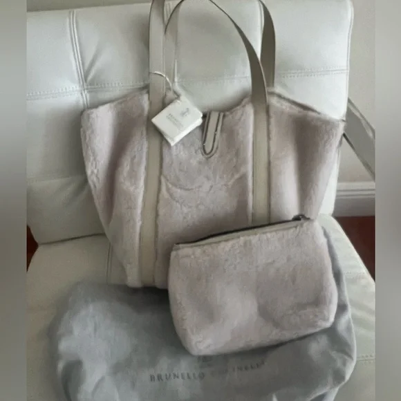 NWT 2PC Set Shopper Bad Monili Italy Wool Cashmere Fleecy Fur effect beige - Picture 3 of 12